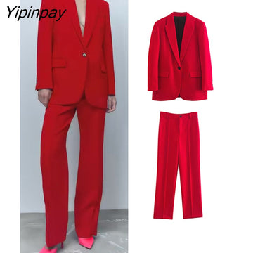 Yipinpay 2023 Ladies Red Blazer Suit 2Pcs Office Outfits Single Button Jacket+Zipper Trousers Basic Long Pant Autumn Winter